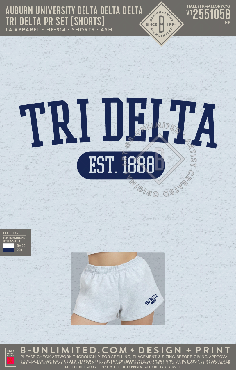Auburn University Delta Delta Delta - TRI DELTA PR SET (Shorts) - LA Apparel - HF-314 - Ash