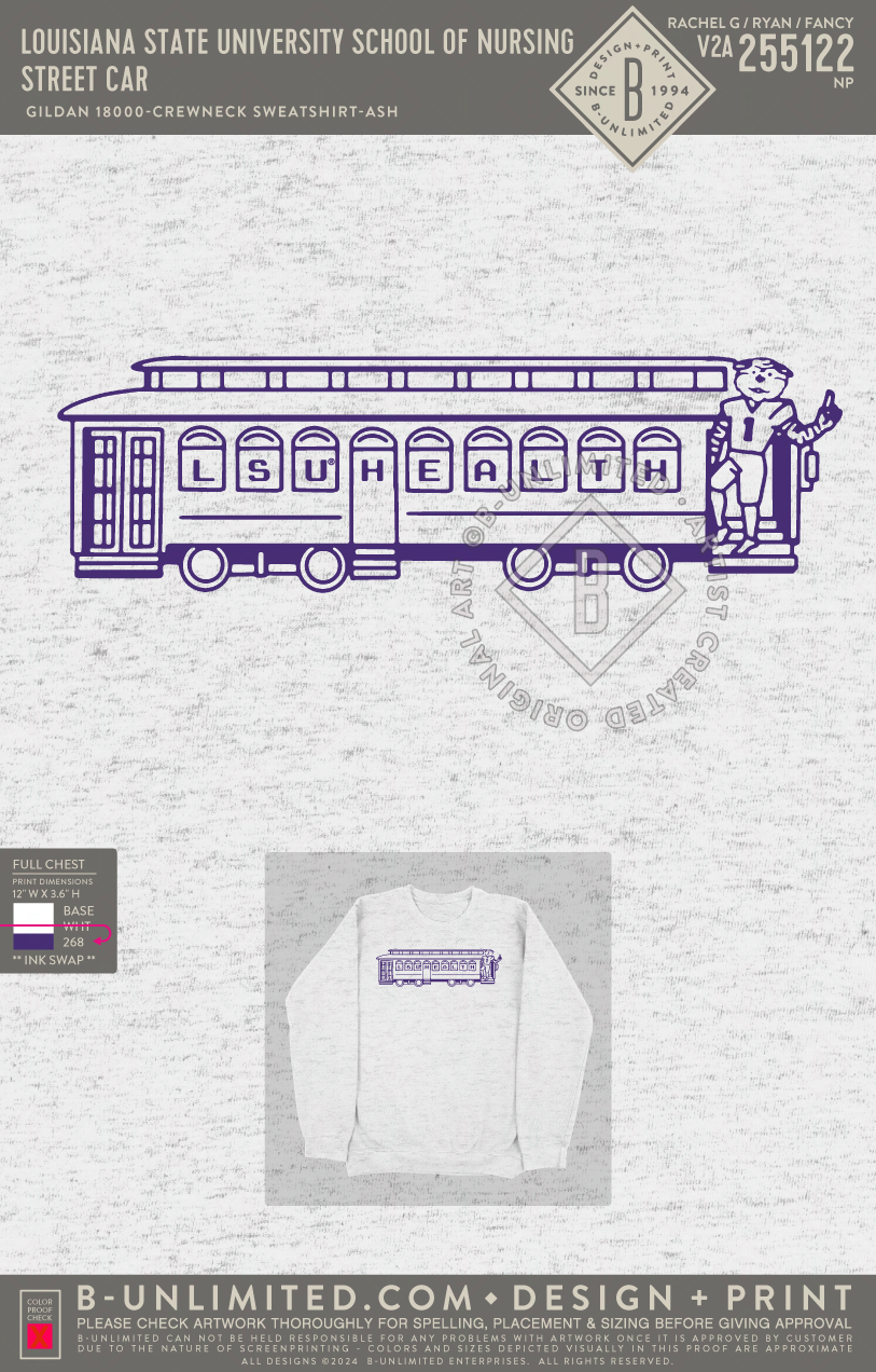 Louisiana State University School of Nursing - Street Car - Gildan - 18000 - Crewneck Sweatshirt - Ash Grey