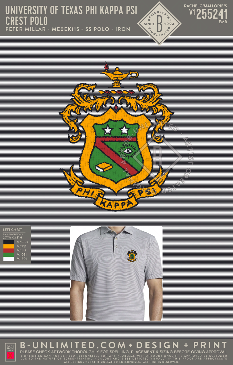 University of Texas Phi Kappa Psi - Crest Polo - Peter Millar - MEOEK11S - Jubilee Striped Polo - Iron