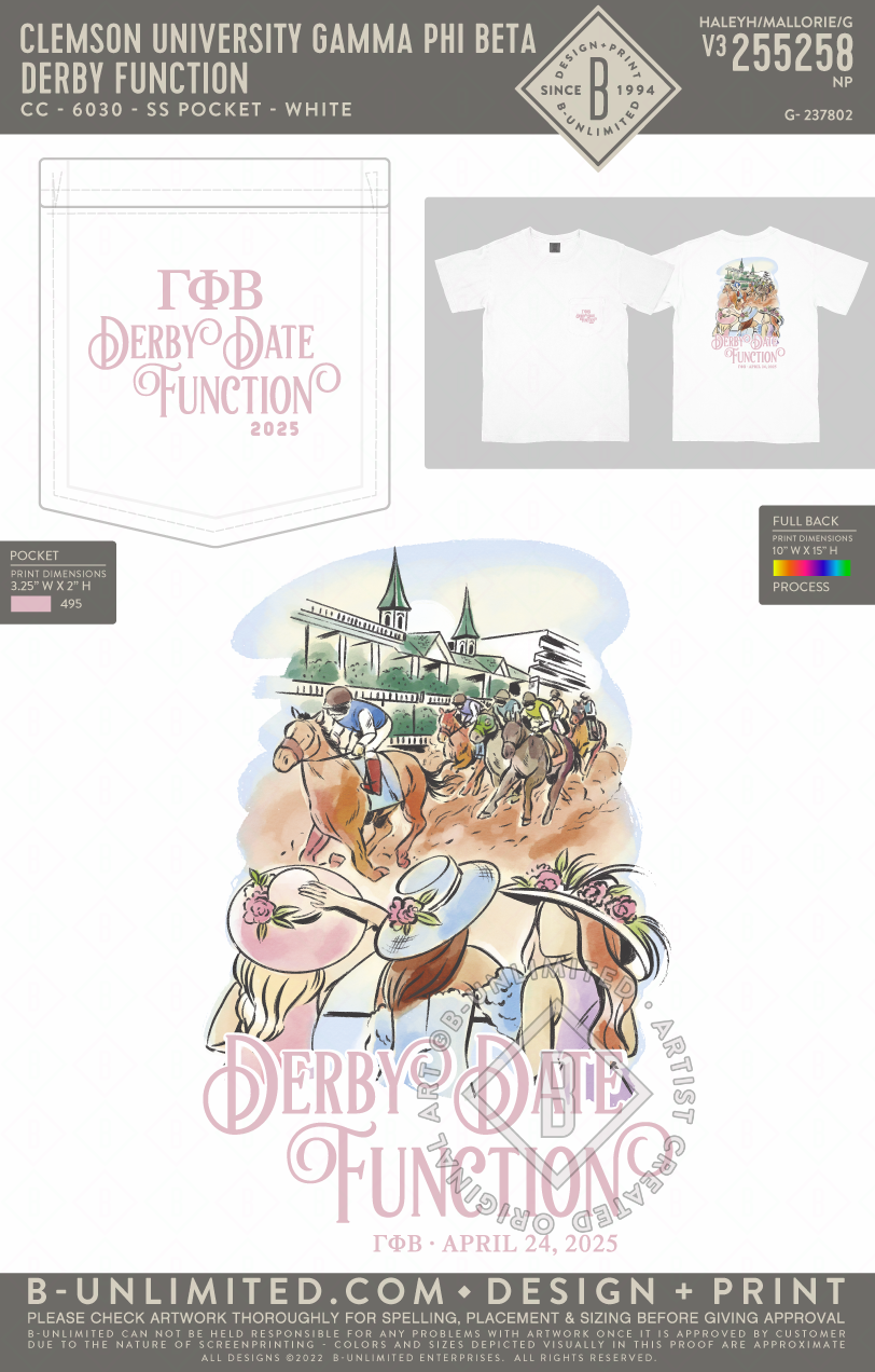 Clemson University Gamma Phi Beta - Derby Function - CC - 6030 - SS Pocket - White