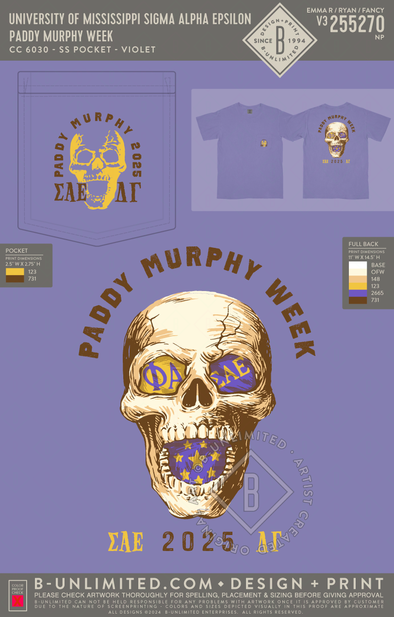 University of Mississippi Sigma Alpha Epsilon - Paddy Murphy Week - CC - 6030 - SS Pocket - Violet