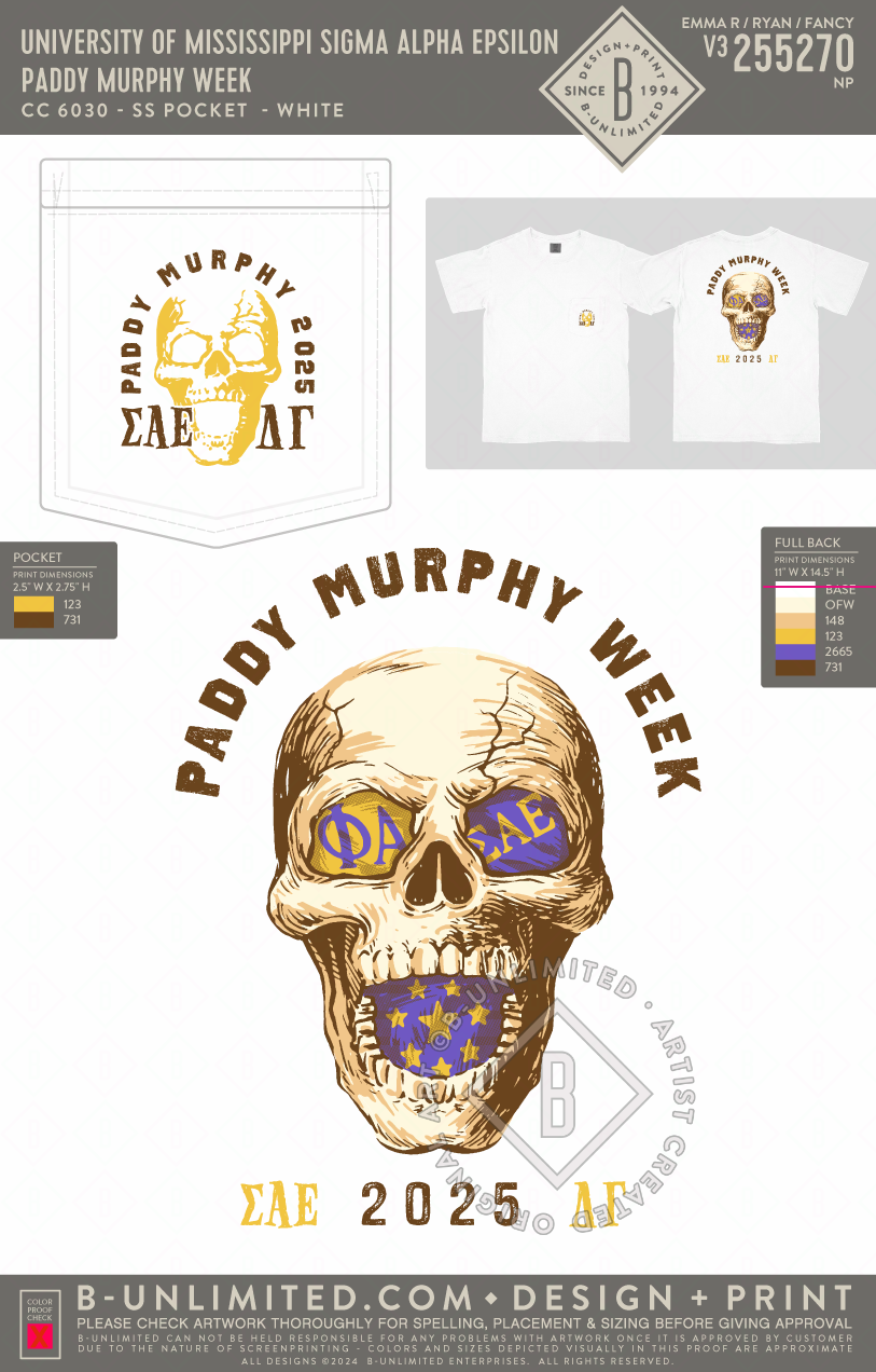 University of Mississippi Sigma Alpha Epsilon - Paddy Murphy Week - CC - 6030 - SS Pocket - White
