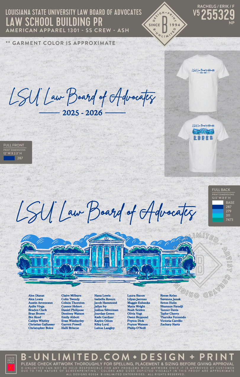 Louisiana State University Law Board of Advocates - Law School Building PR - Am. App. - 1301 - Heavyweight Cotton Tee - Ash Grey