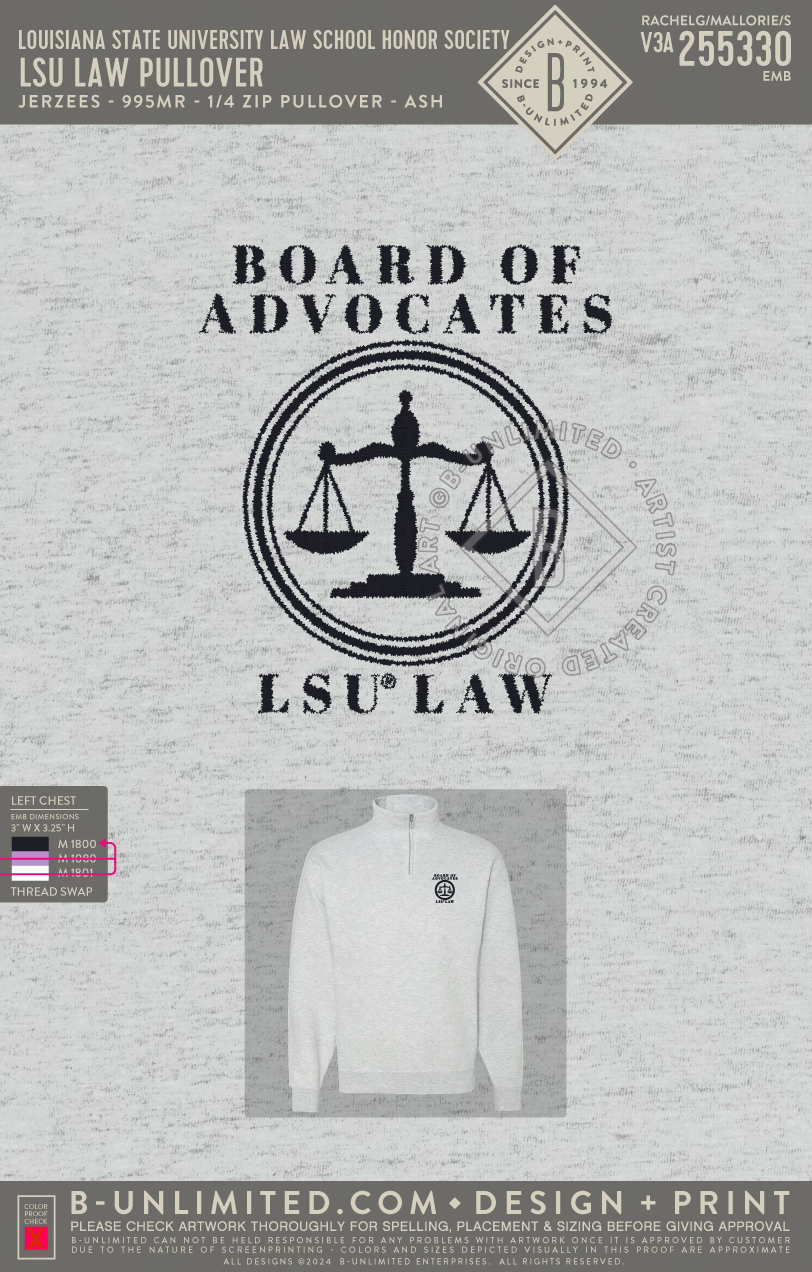 Louisiana State University Law School Honor Society - LSU Law Pullover - Jerzees - 995MR - 1/4 Zip Pullover - Ash