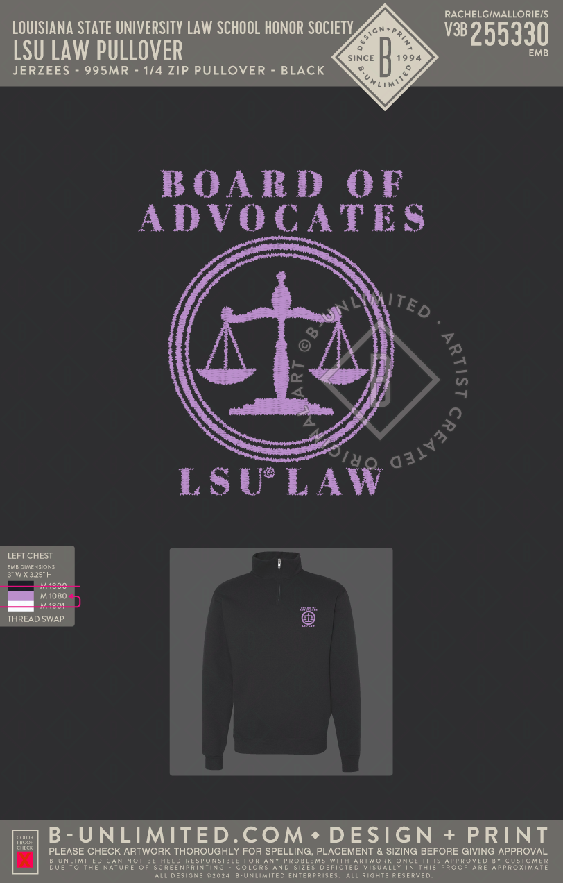 Louisiana State University Law School Honor Society - LSU Law Pullover - Jerzees - 995MR - 1/4 Zip Pullover - Black