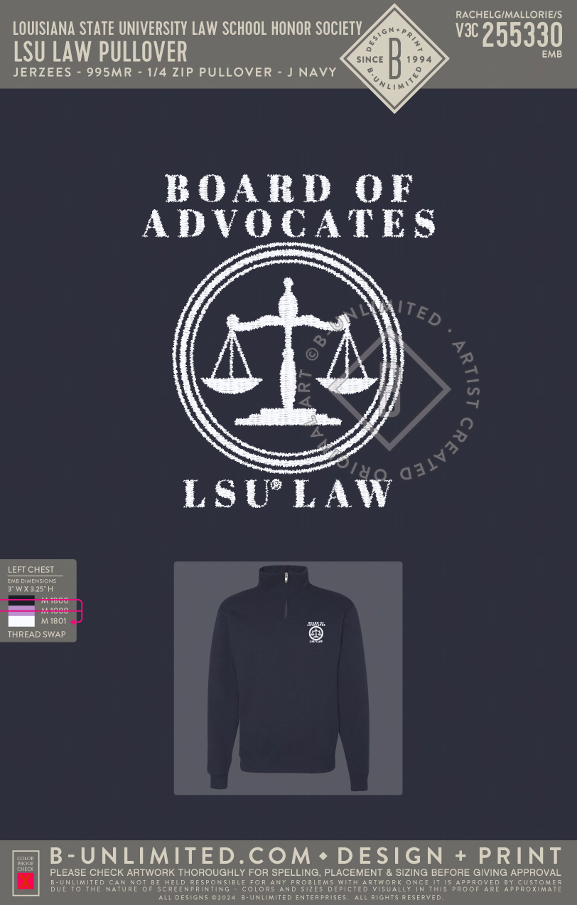 Louisiana State University Law School Honor Society - LSU Law Pullover - Jerzees - 995MR - 1/4 Zip Pullover - J. Navy