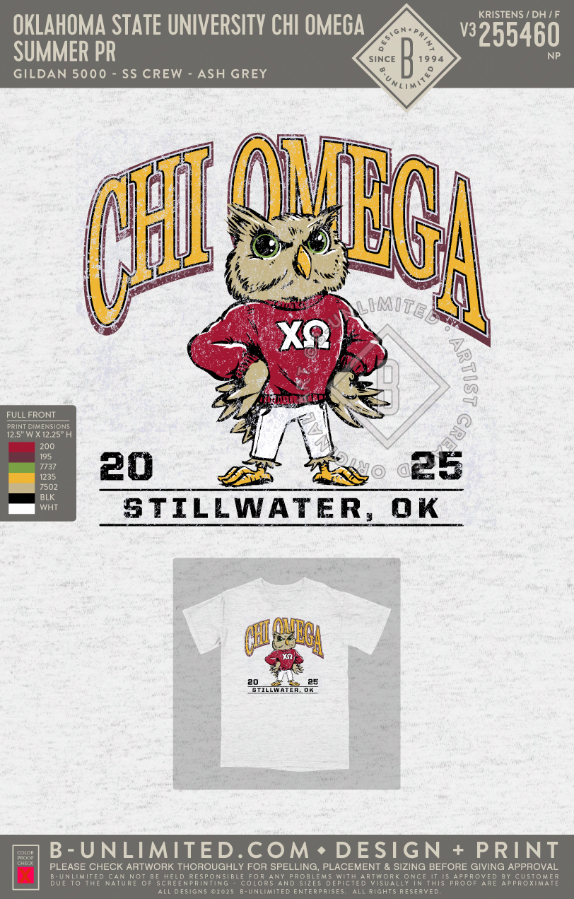 Oklahoma State University Chi Omega - summer pr - Gildan - 5000 - SS Crew - Ash Grey