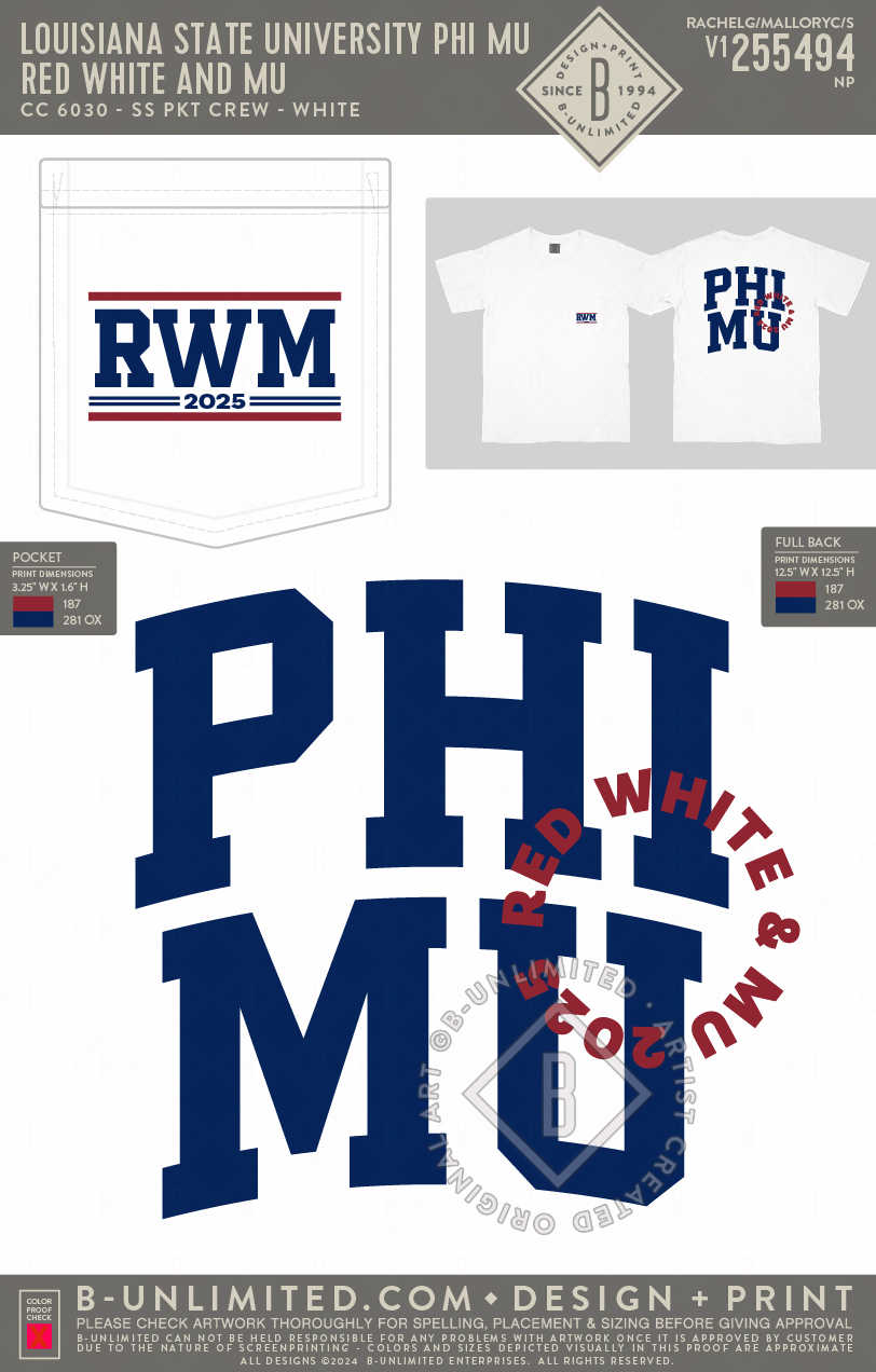 Louisiana State University Phi Mu - Red White and Mu - CC - 6030 - SS Pocket - White
