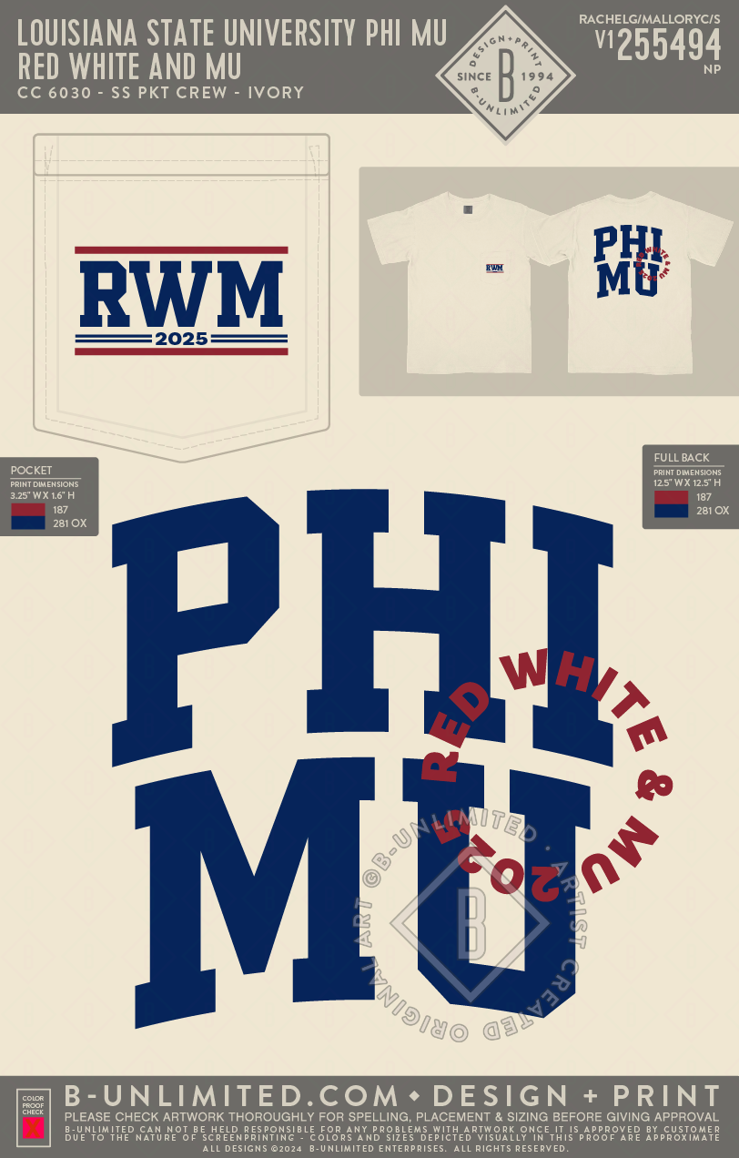Louisiana State University Phi Mu - Red White and Mu - CC - 6030 - SS Pocket - Ivory