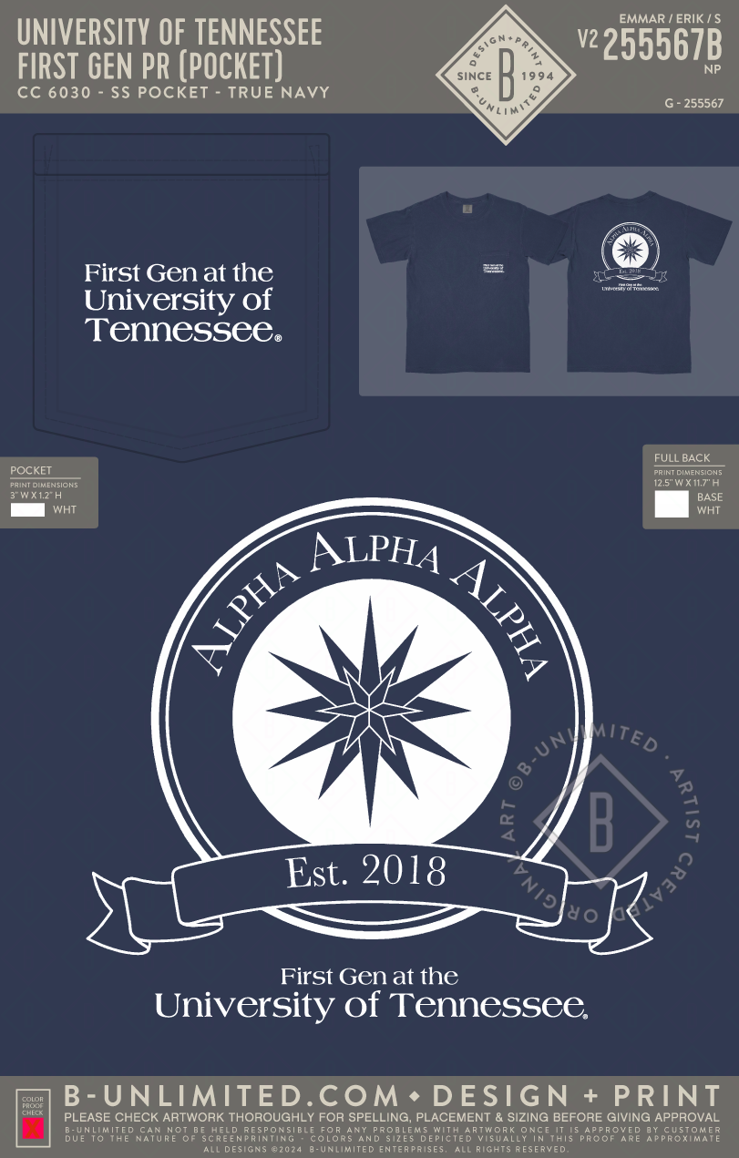 University of Tennessee First Generation - First Gen PR (Pocket) - CC - 6030 - SS Pocket - True Navy