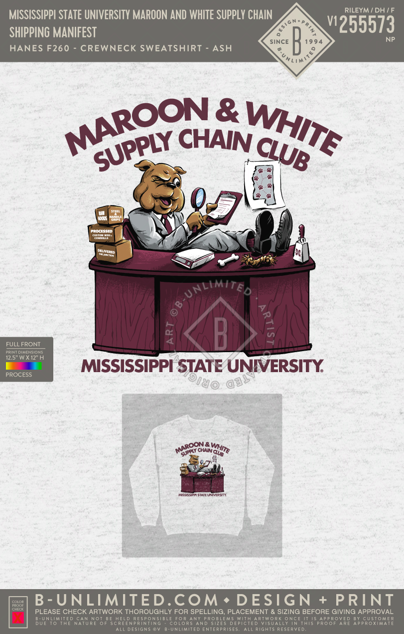 Mississippi State University Maroon and White Supply Chain - Shipping Manifest - Hanes - F260 - Sweatshirt - Ash