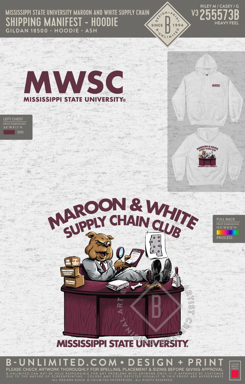 Mississippi State University Maroon and White Supply Chain - Shipping Manifest - Hoodie - Gildan - 18500 - Hoodie - Ash Grey