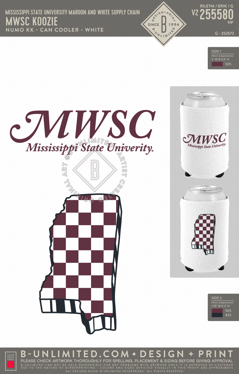 Mississippi State University Maroon and White Supply Chain - MWSC Koozie - Numo - KK - Can Cooler - White