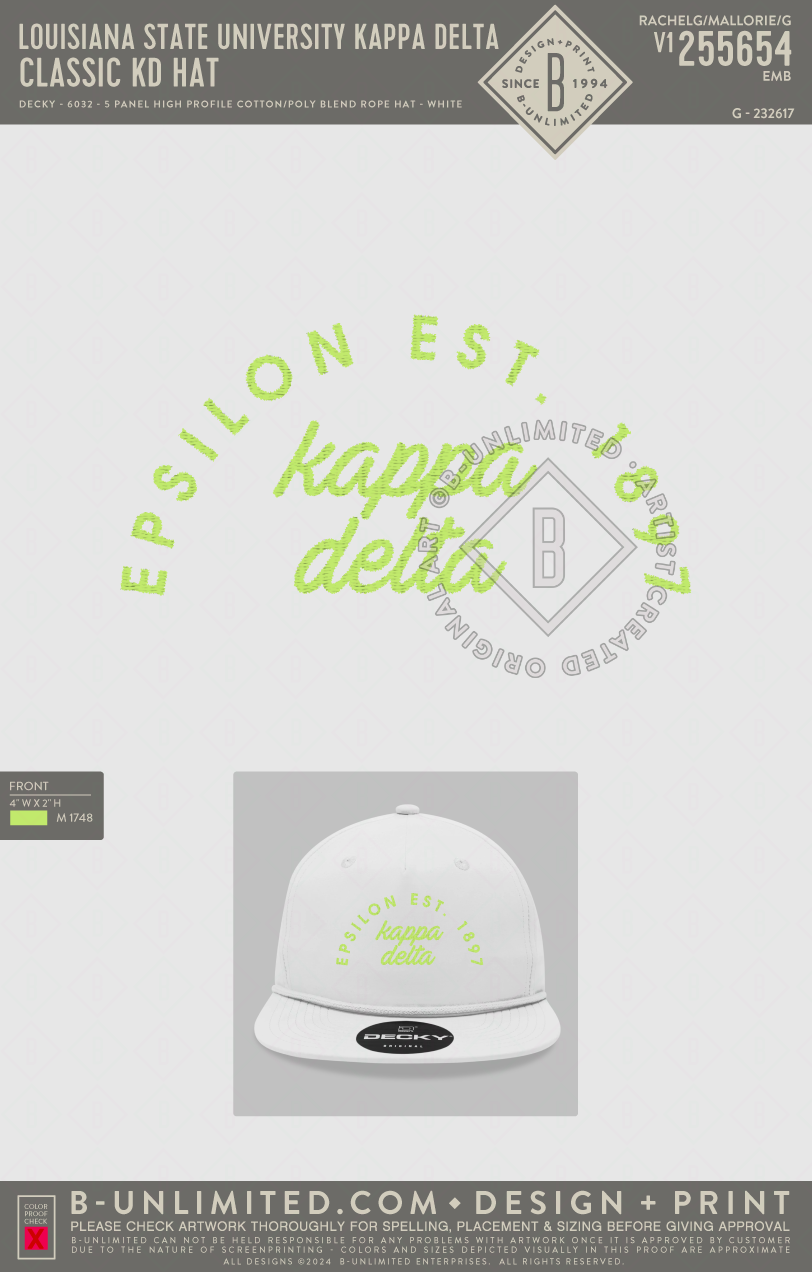 Louisiana State University Kappa Delta - Classic KD Hat (Bright Green Thread) - Decky - 6032 - 5 Panel High Profile Cotton/Poly Blend Rope Hat - White