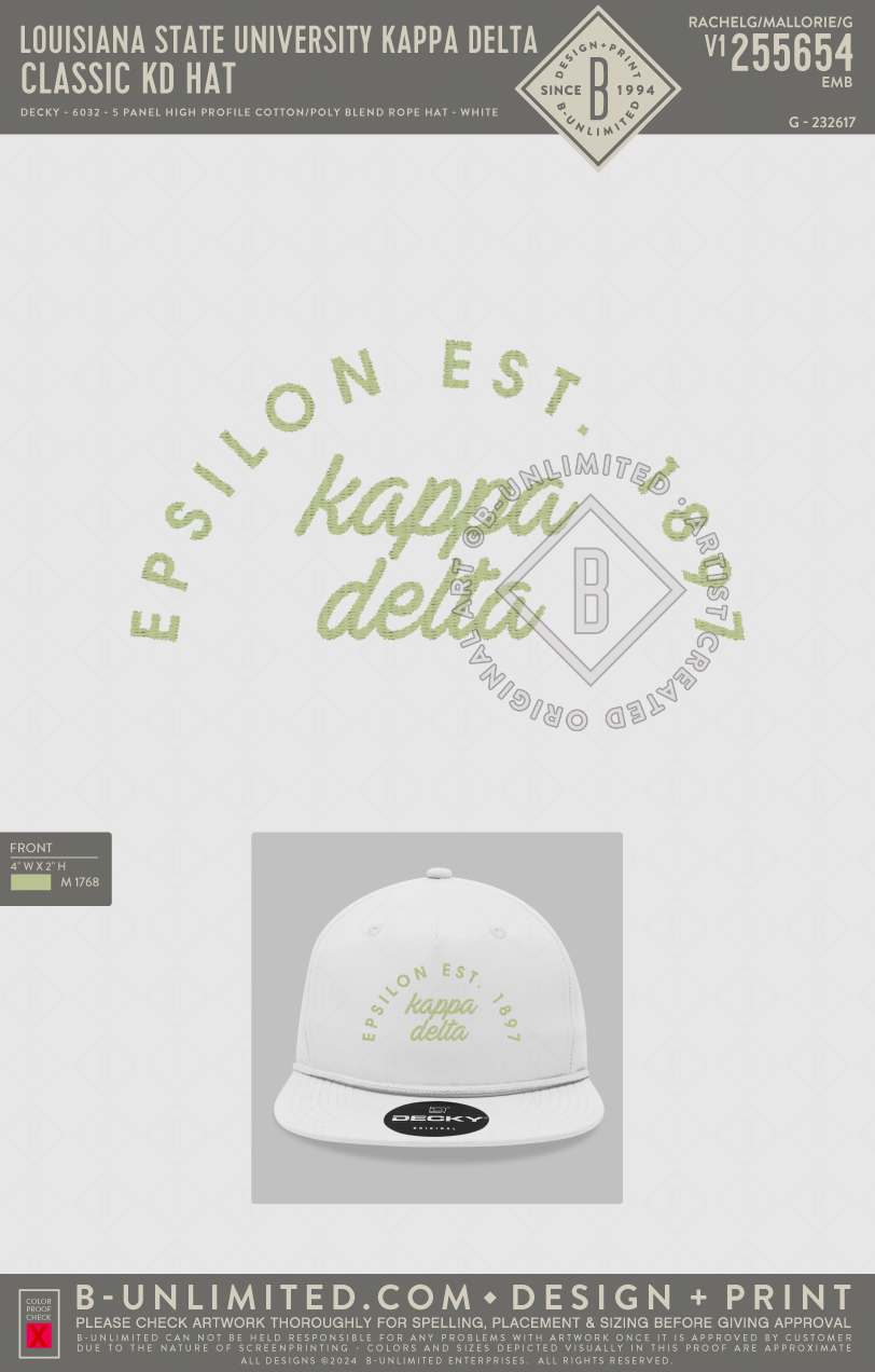 Louisiana State University Kappa Delta - Classic KD Hat - Decky - 6032 - 5 Panel High Profile Cotton/Poly Blend Rope Hat - White