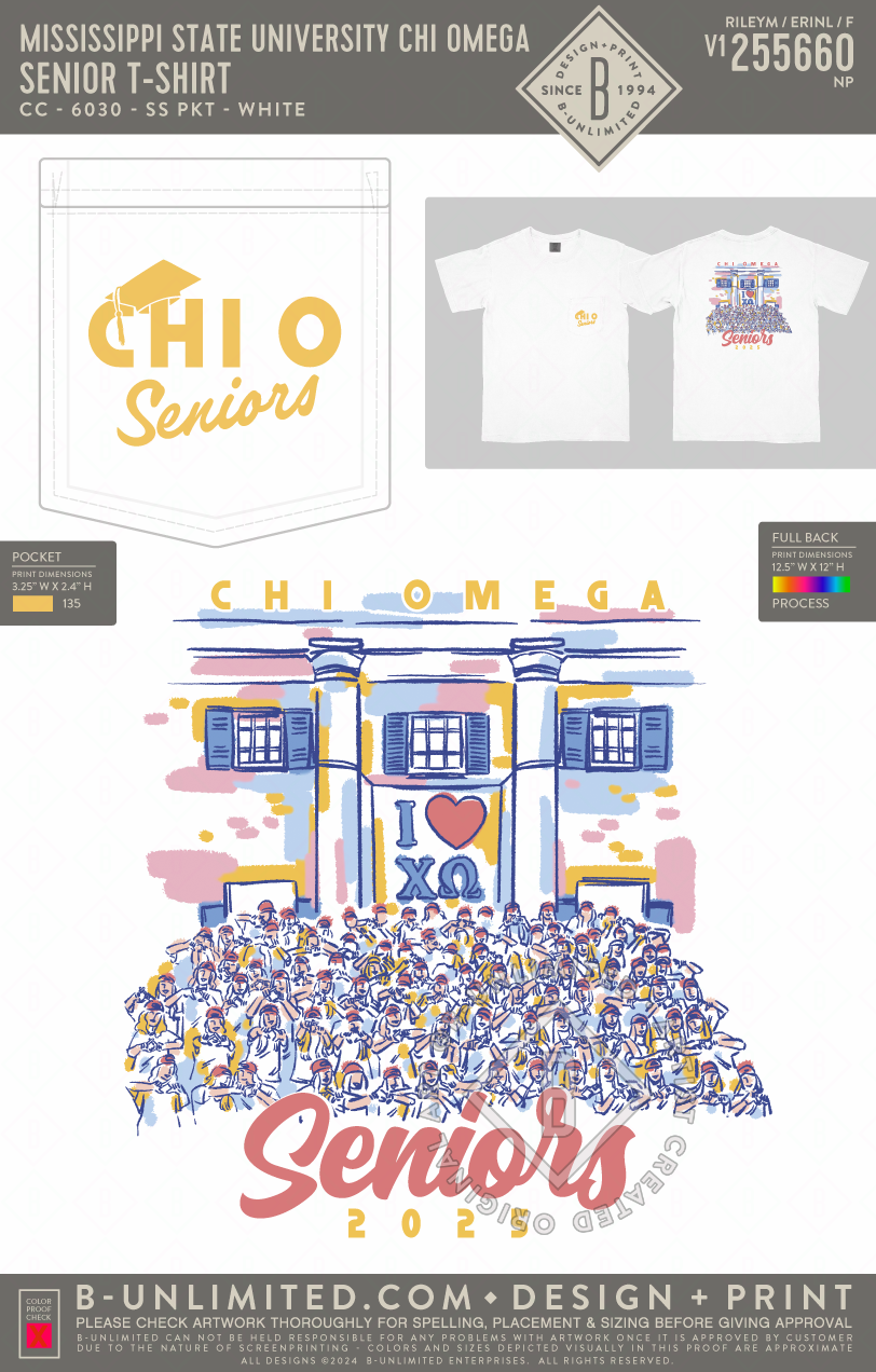 Mississippi State University Chi Omega - Senior T-Shirt - CC - 6030 - SS Pocket - White