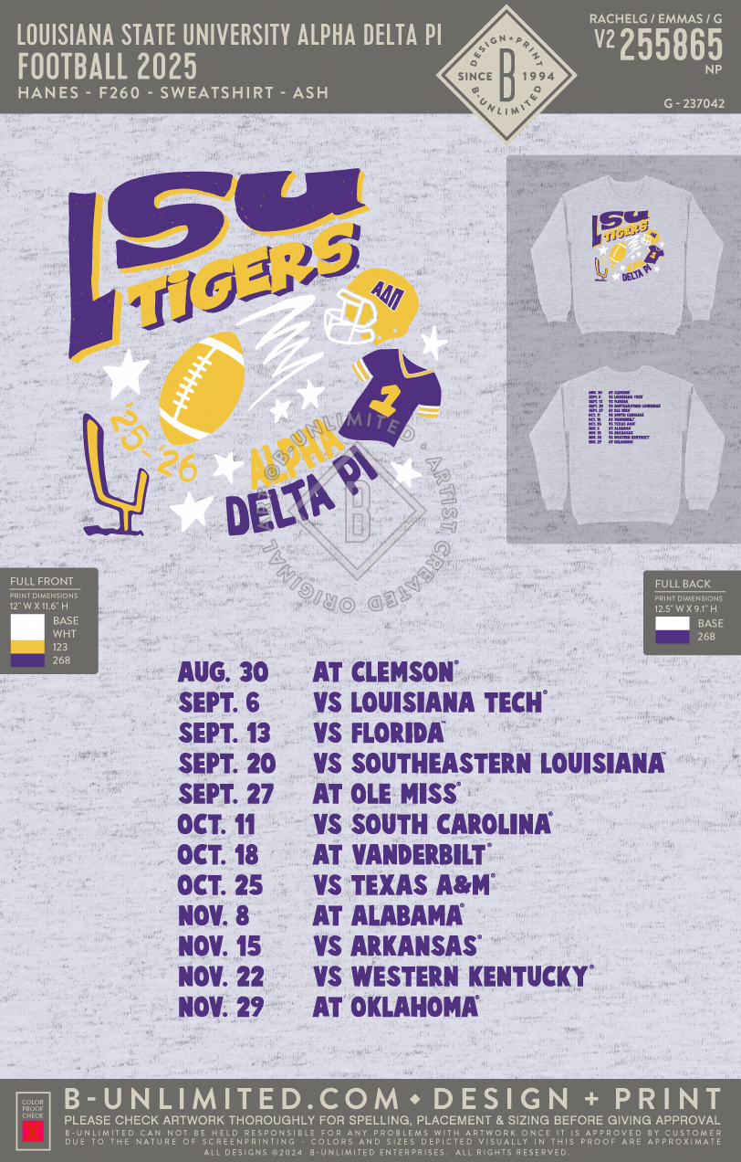Louisiana State University Alpha Delta Pi - Football 2025 - Hanes - F260 - Sweatshirt - Ash