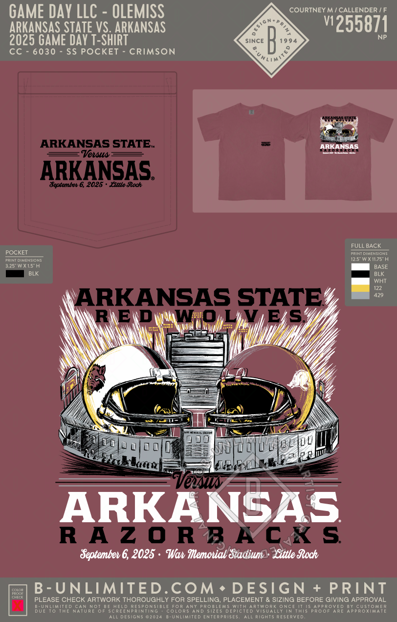 Game Day LLC- Arkansas State vs. Arkansas 2025 Game Day T-Shirt (V1) - CC - 6030 - SS Pocket - Crimson