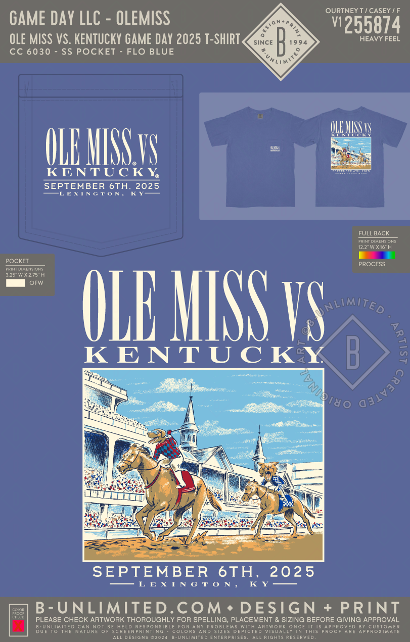 Game Day LLC - OLEMISS - Ole Miss vs. Kentucky Game Day 2025 T-Shirt - CC - 6030 - SS Pocket - Flo Blue