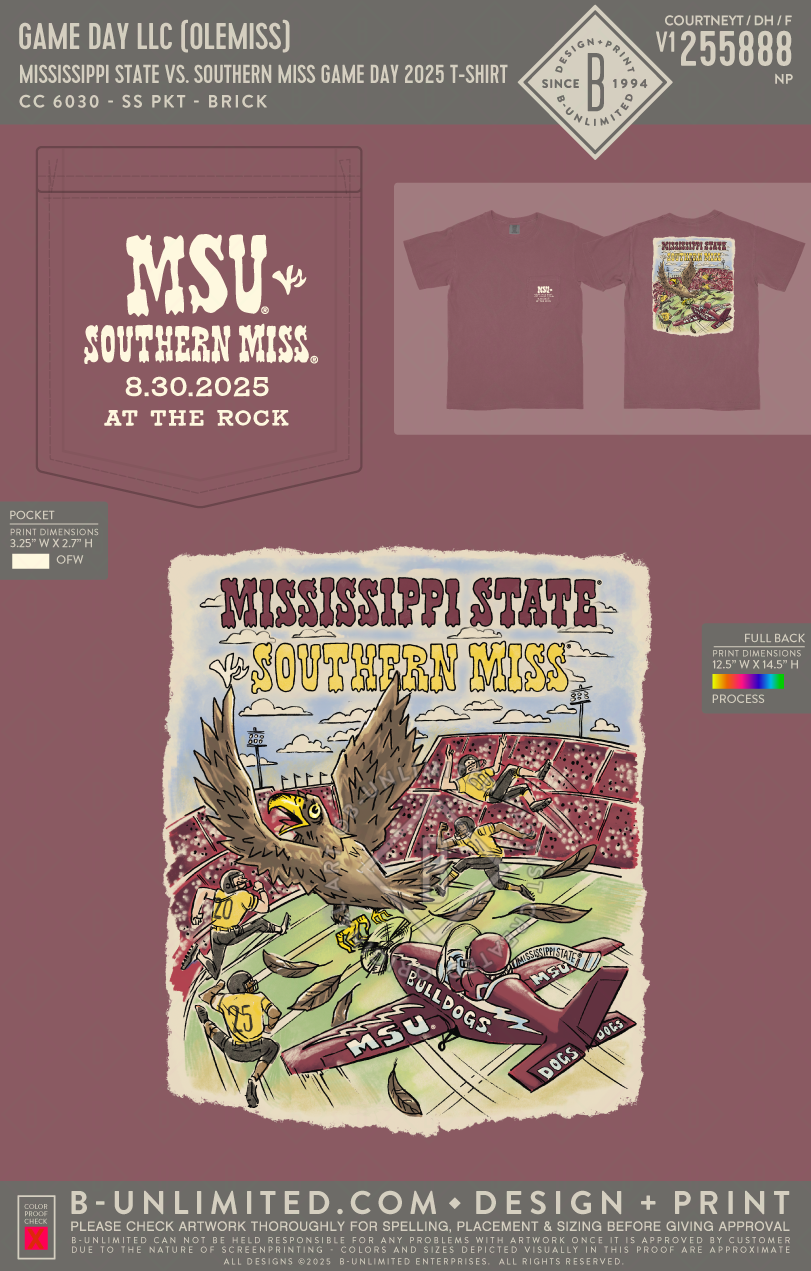 B-Unlimited Game Day - Mississippi State vs. Southern Miss Game Day 2025 T-Shirt (WS) - CC - 6030 - SS Pocket - Brick