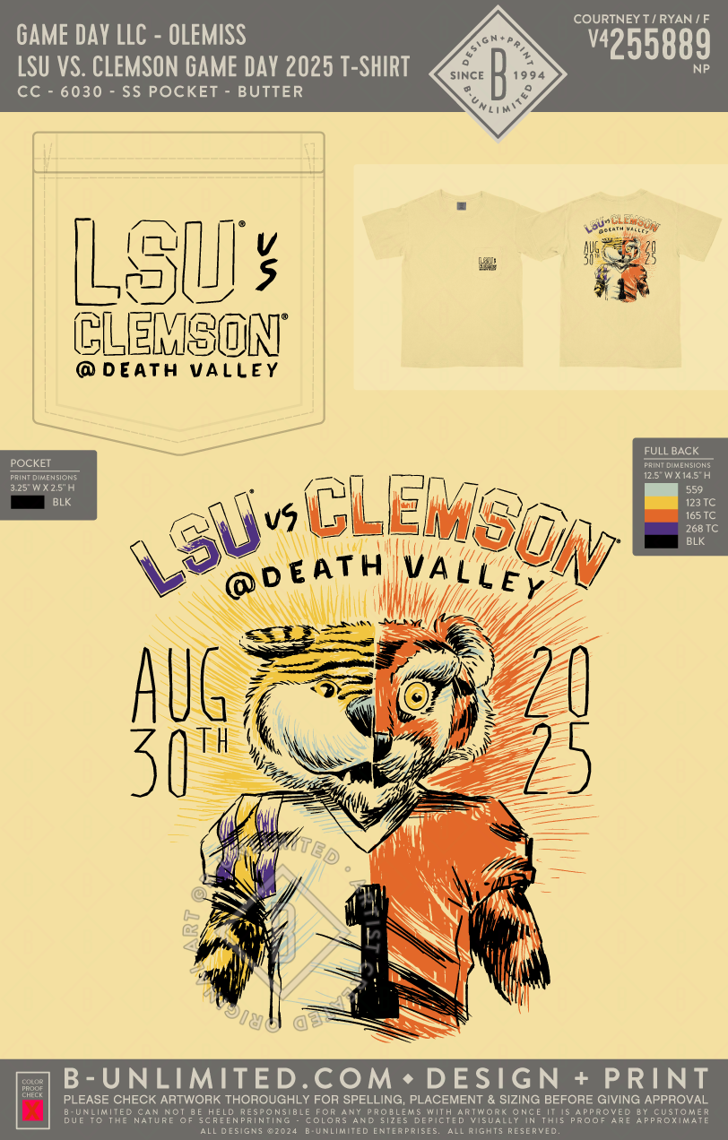 B-Unlimited Game Day - LSU vs. Clemson Game Day 2025 T-Shirt (WS) - CC - 6030 - SS Pocket - Butter