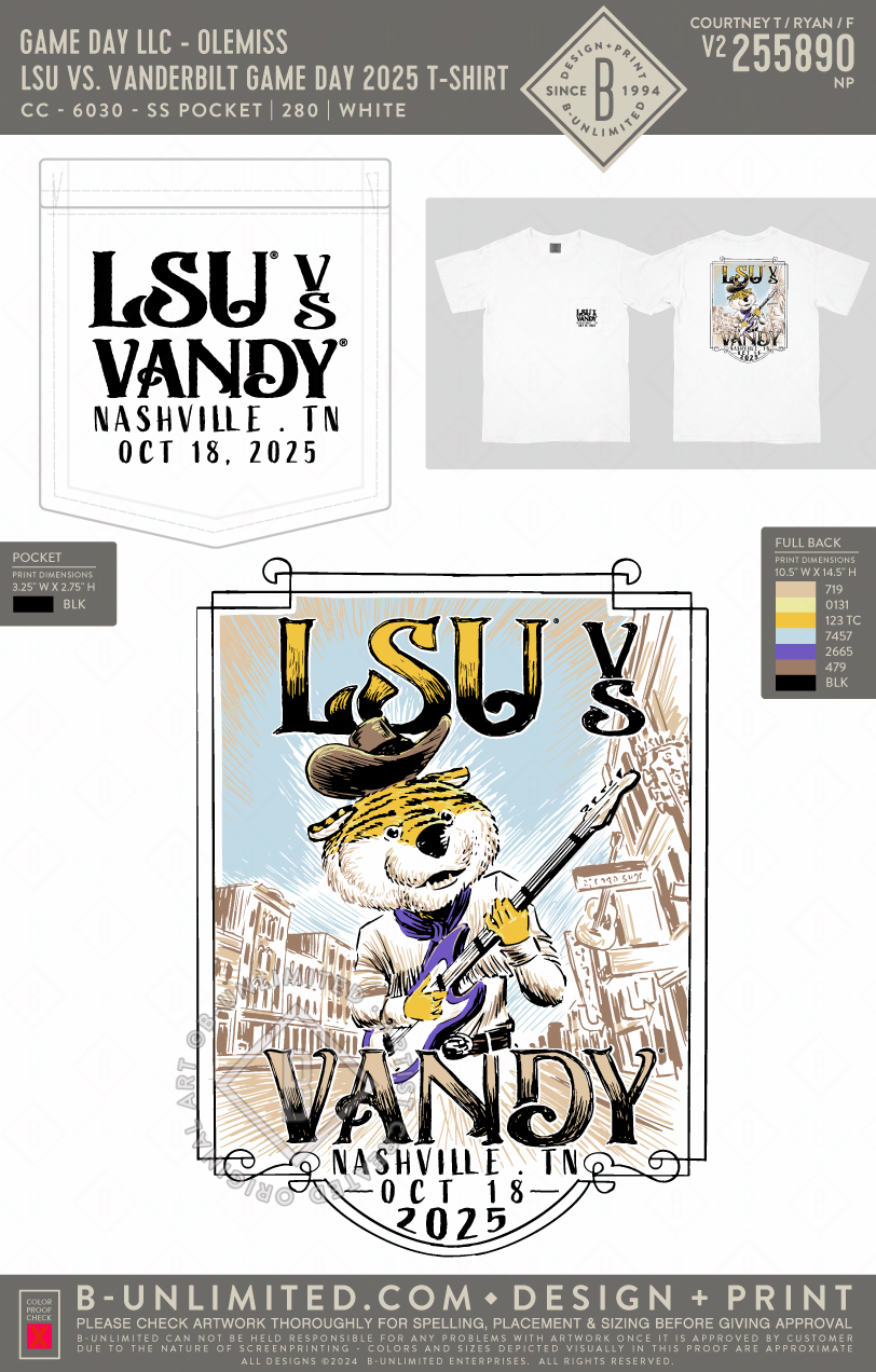 Game Day LLC - LSU vs. Vanderbilt Game Day 2025 T-Shirt - CC - 6030 - SS Pocket - White