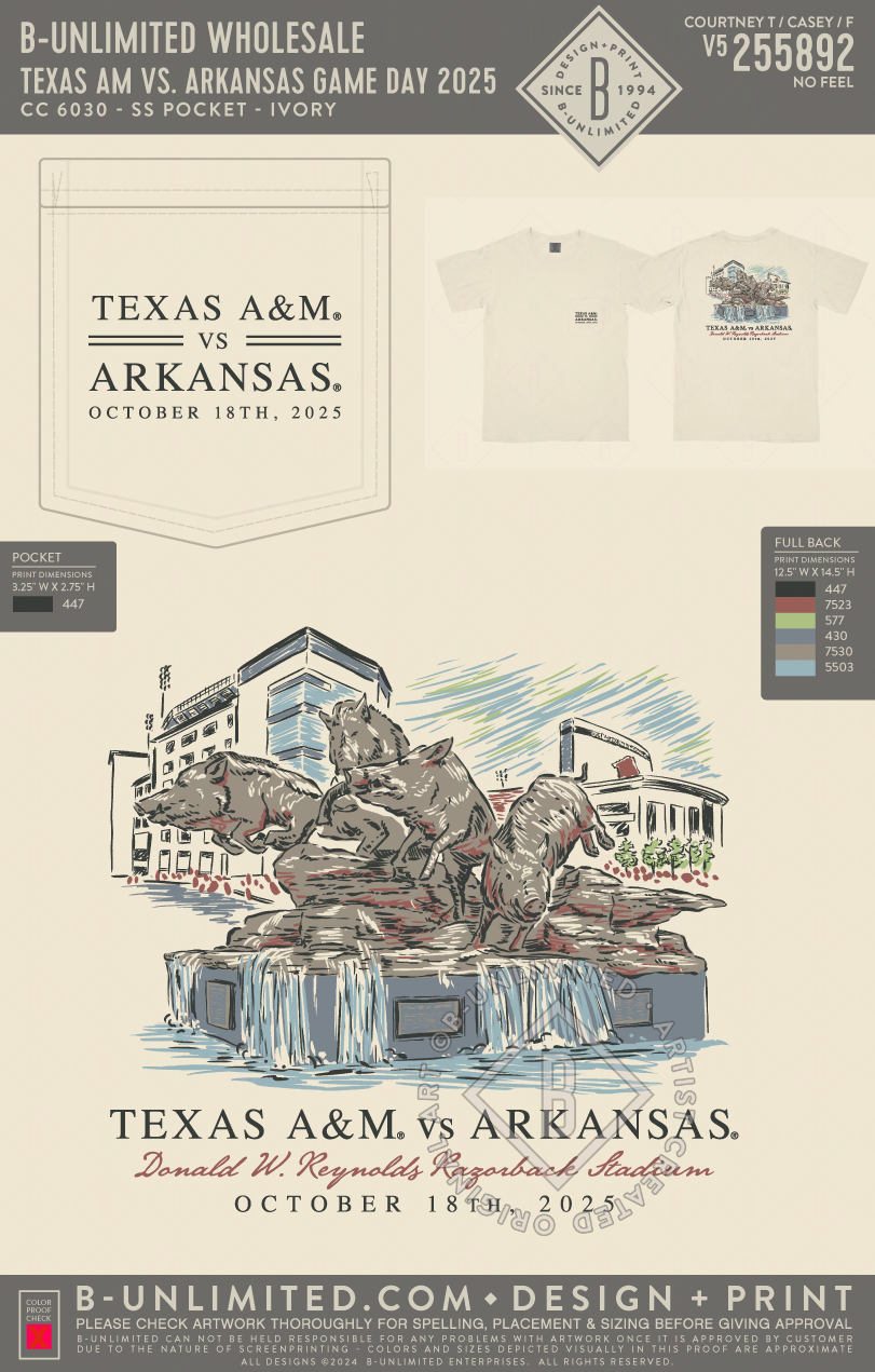 B-Unlimited Wholesale - Texas AM vs. Arkansas Game Day 2025 - CC - 6030 - SS Pocket - Ivory
