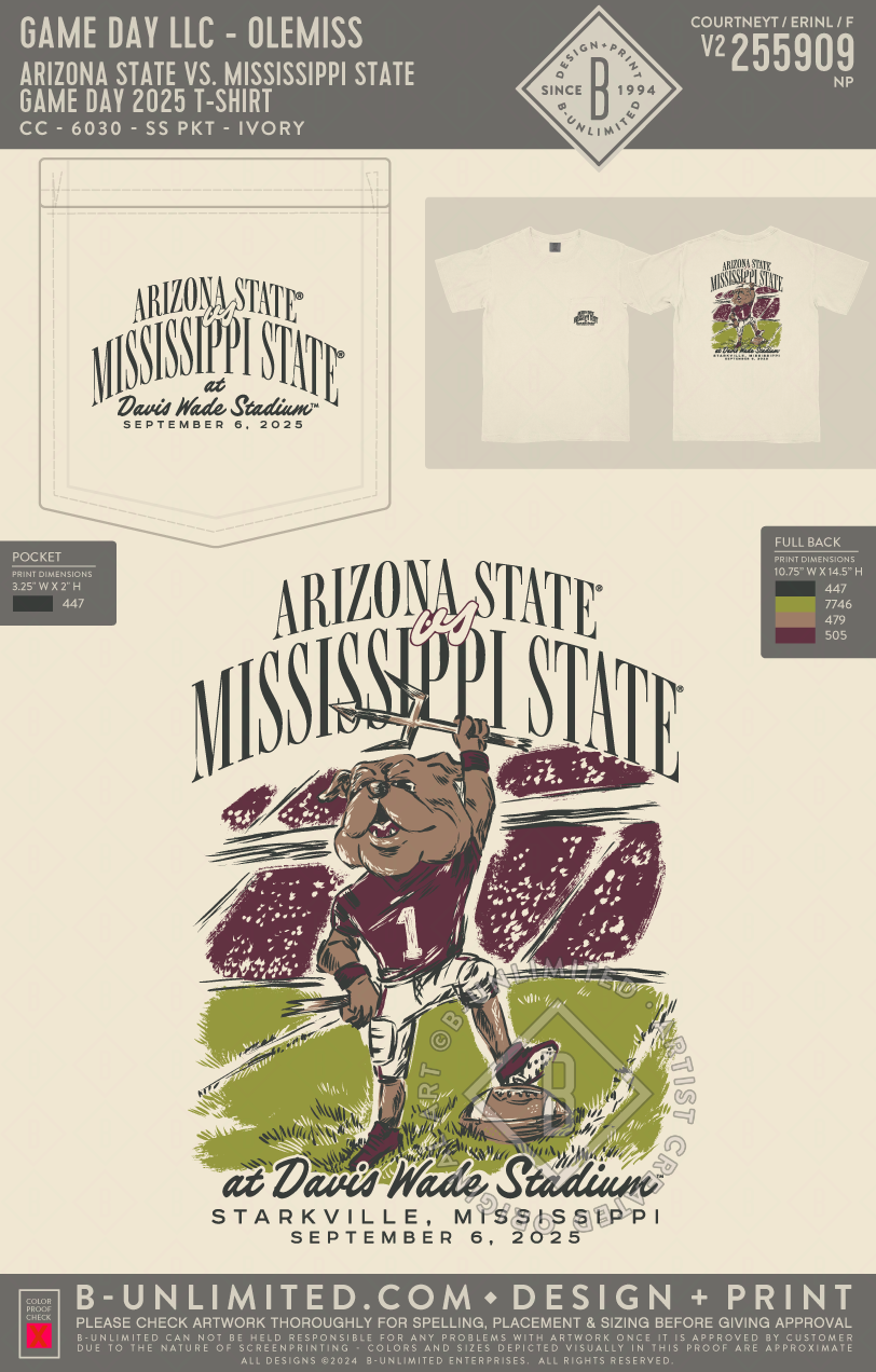 Game Day LLC  - Arizona State vs. Mississippi State Game Day 2025 T-Shirt - CC - 6030 - SS Pocket - Ivory
