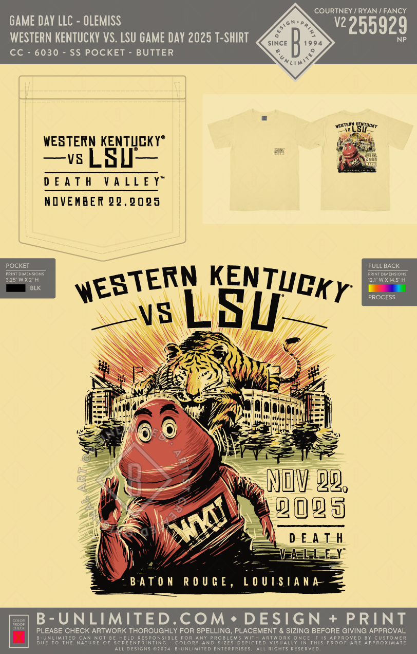 B-Unlimited Wholesale - Western Kentucky vs. LSU Game Day 2025 T-Shirt (WS) - CC - 6030 - SS Pocket - Butter