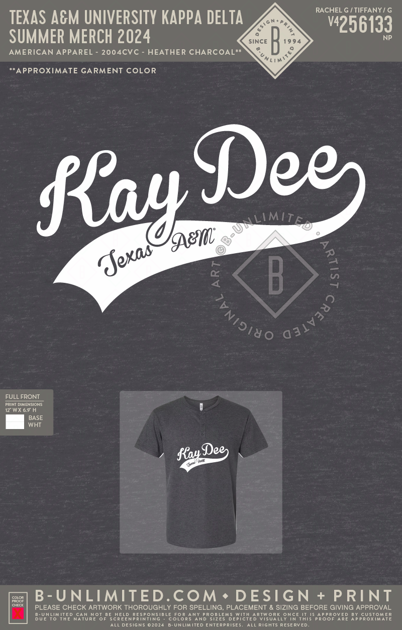 Texas A&M University Kappa Delta - Summer Merch 2025 - American Apparel - 2004CVC - Henley Tee - Heather Charcoal