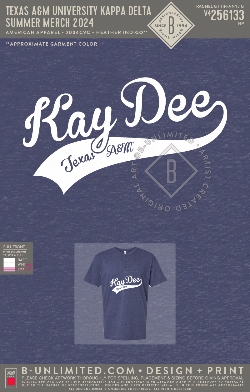 Texas A&M University Kappa Delta - Summer Merch 2025 - American Apparel - 2004CVC - Henley Tee - Heather Indigo