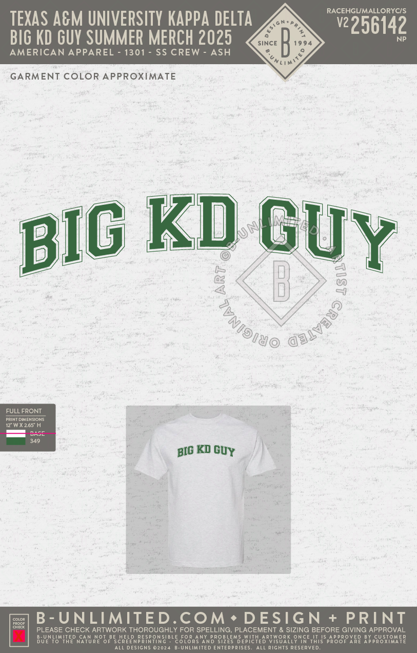 Texas A&M University Kappa Delta - Big KD Guy Summer Merch 2025 - Am. App. - 1301 - Heavyweight Cotton Tee - Ash Grey