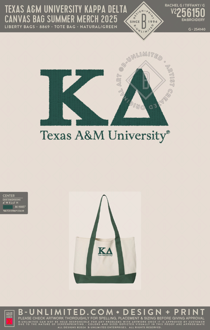 Texas A&M University Kappa Delta - Canvas Bag Summer Merch 2025 - Liberty Bags - 8869 - Leeward Boater Tote - Natural/ Forest Green
