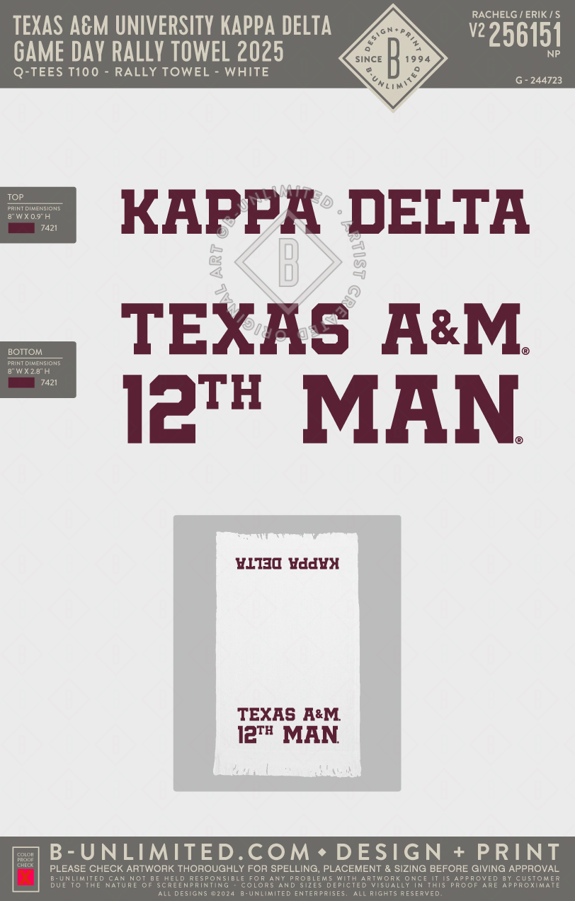Texas A&M University Kappa Delta - Game Day Rally Towel 2025 - QTees - T100 - Fringed Towel - White