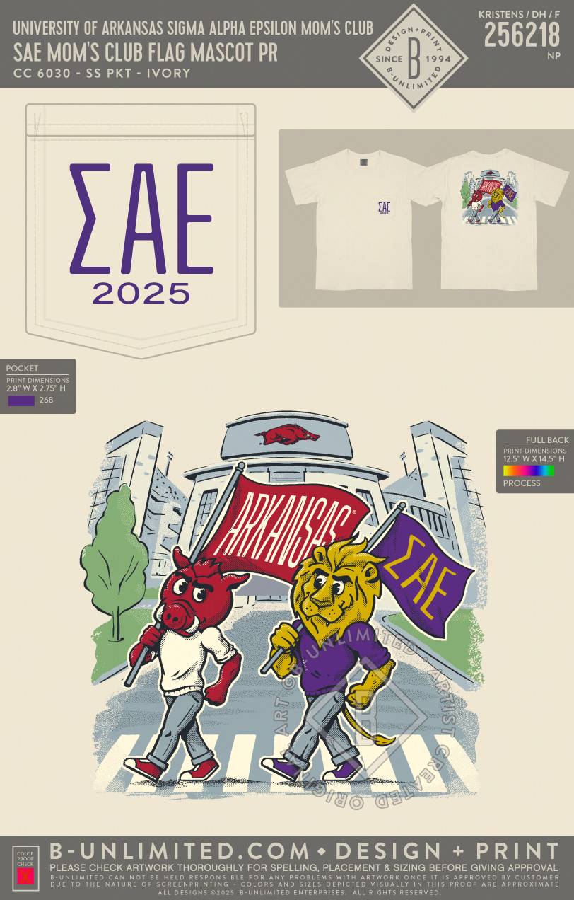 University of Arkansas Sigma Alpha Epsilon Mom's Club - SAE Mom's Club Flag Mascot PR - CC - 6030 - SS Pocket - Ivory