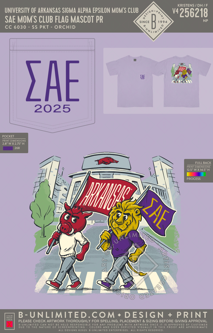 University of Arkansas Sigma Alpha Epsilon Mom's Club - SAE Mom's Club Flag Mascot PR - CC - 6030 - SS Pocket - Orchid