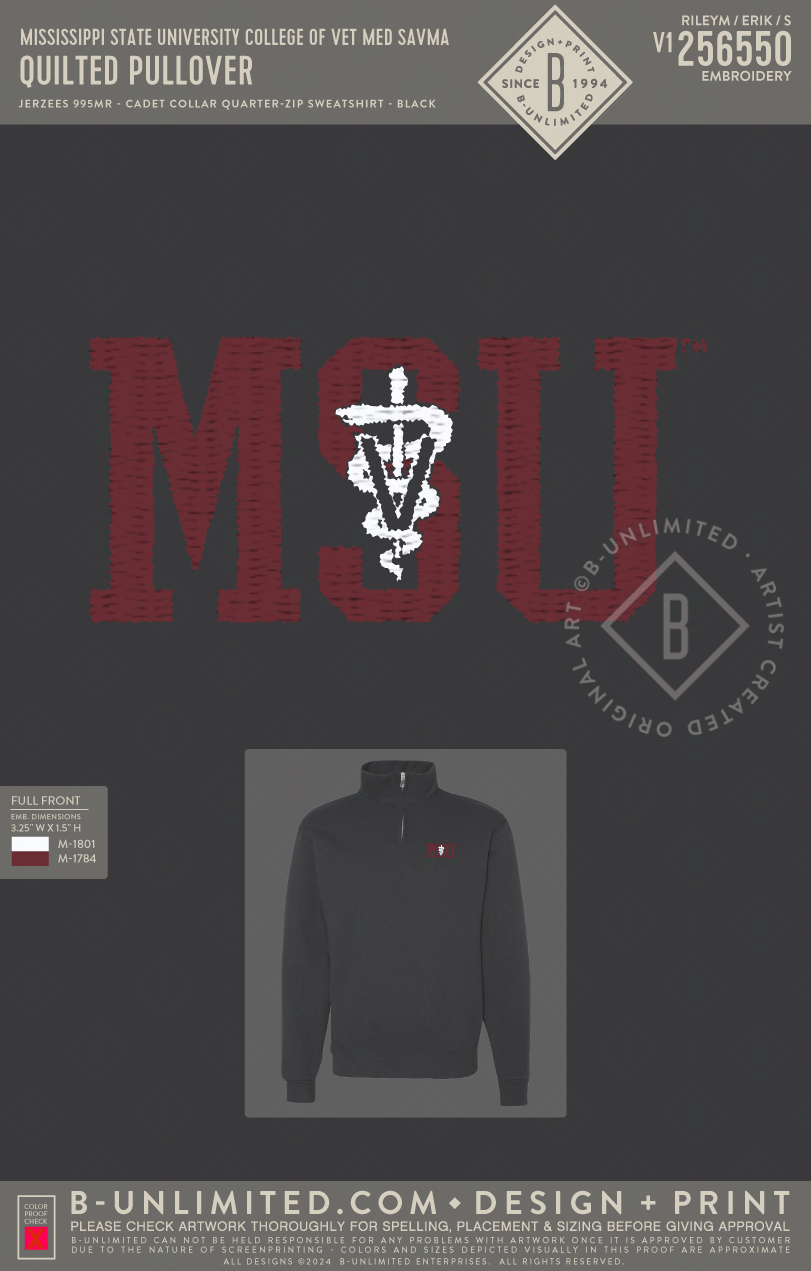 Mississippi State University College of Vet Med SAVMA - Pullover - Jerzees - 995MR - 1/4 Zip Pullover - Black
