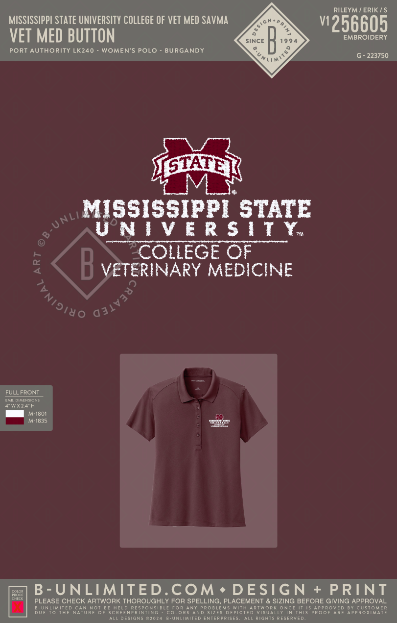 Mississippi State University College of Vet Med SAVMA - Vet Med Polos - Port Authority - LK240 - SS Womens Polo - Burgundy