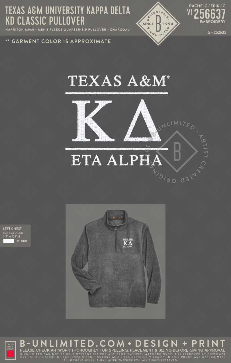 Texas A&M University Kappa Delta - KD Classic Pullover - Harriton - M980 - Fleece 1/4 Zip - Charcoal