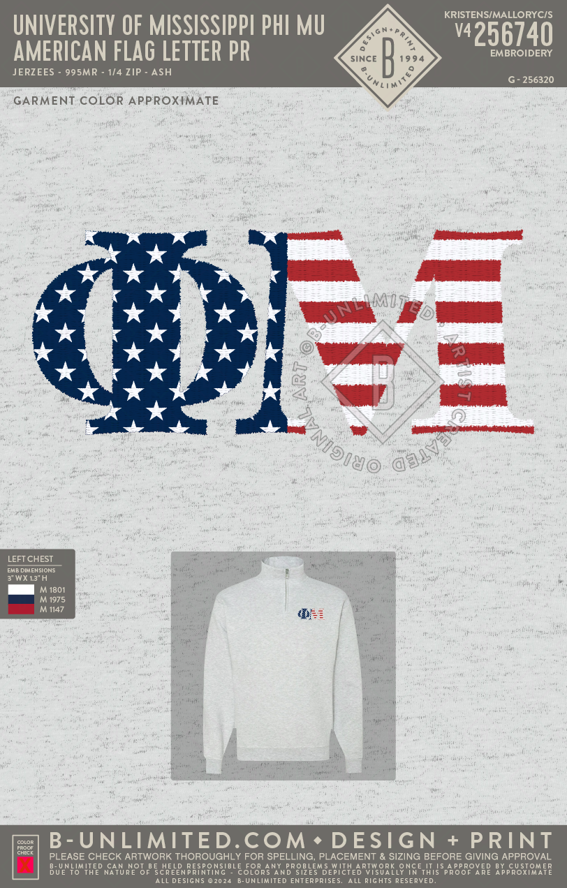University of Mississippi Phi Mu - American Flag Letter PR - Jerzees - 995MR - 1/4 Zip Pullover - Ash