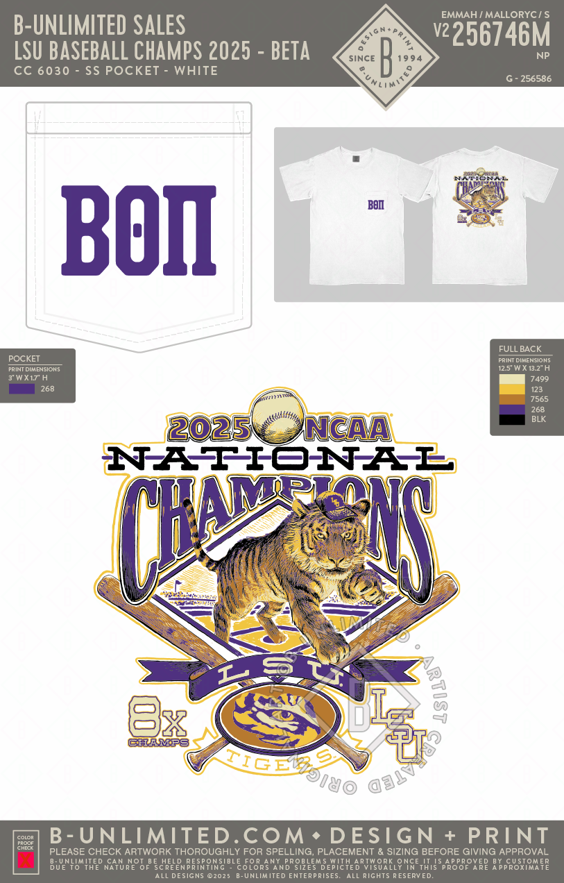 B-Unlimited Sales - LSU Baseball Champs 2025 - BETA - CC - 6030 - SS Pocket - White