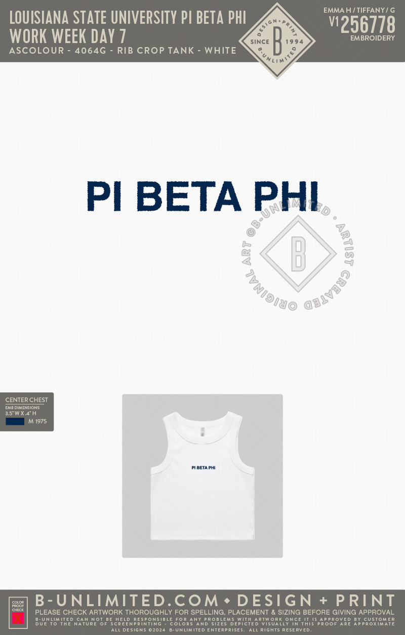 Louisiana State University Pi Beta Phi - Work Week Day 7 - ASColour - 4064G - Rib Crop Tank - White