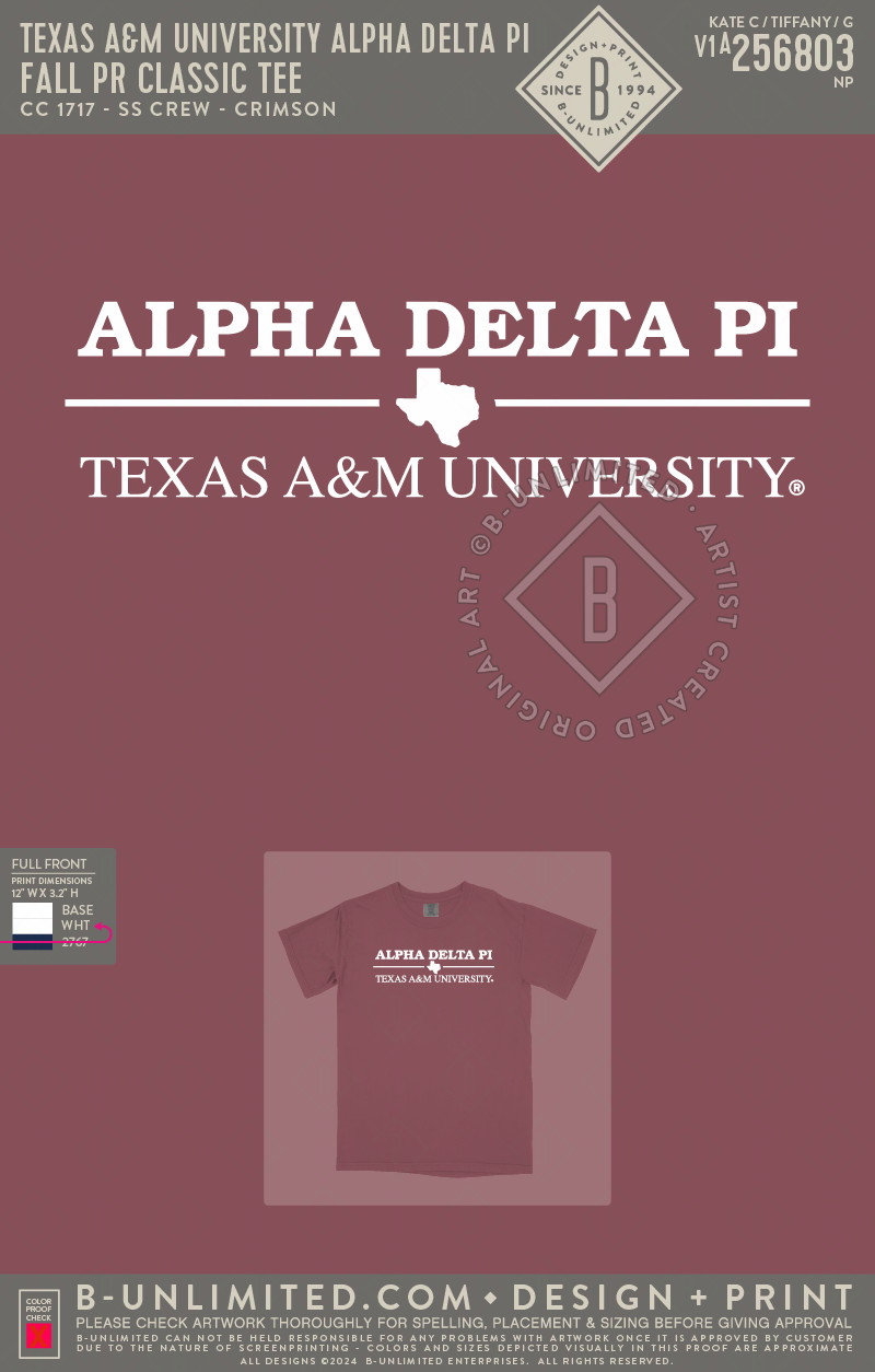 Texas A&M University Alpha Delta Pi - Fall PR Classic Tee - CC - 1717 - SS Crew - Crimson
