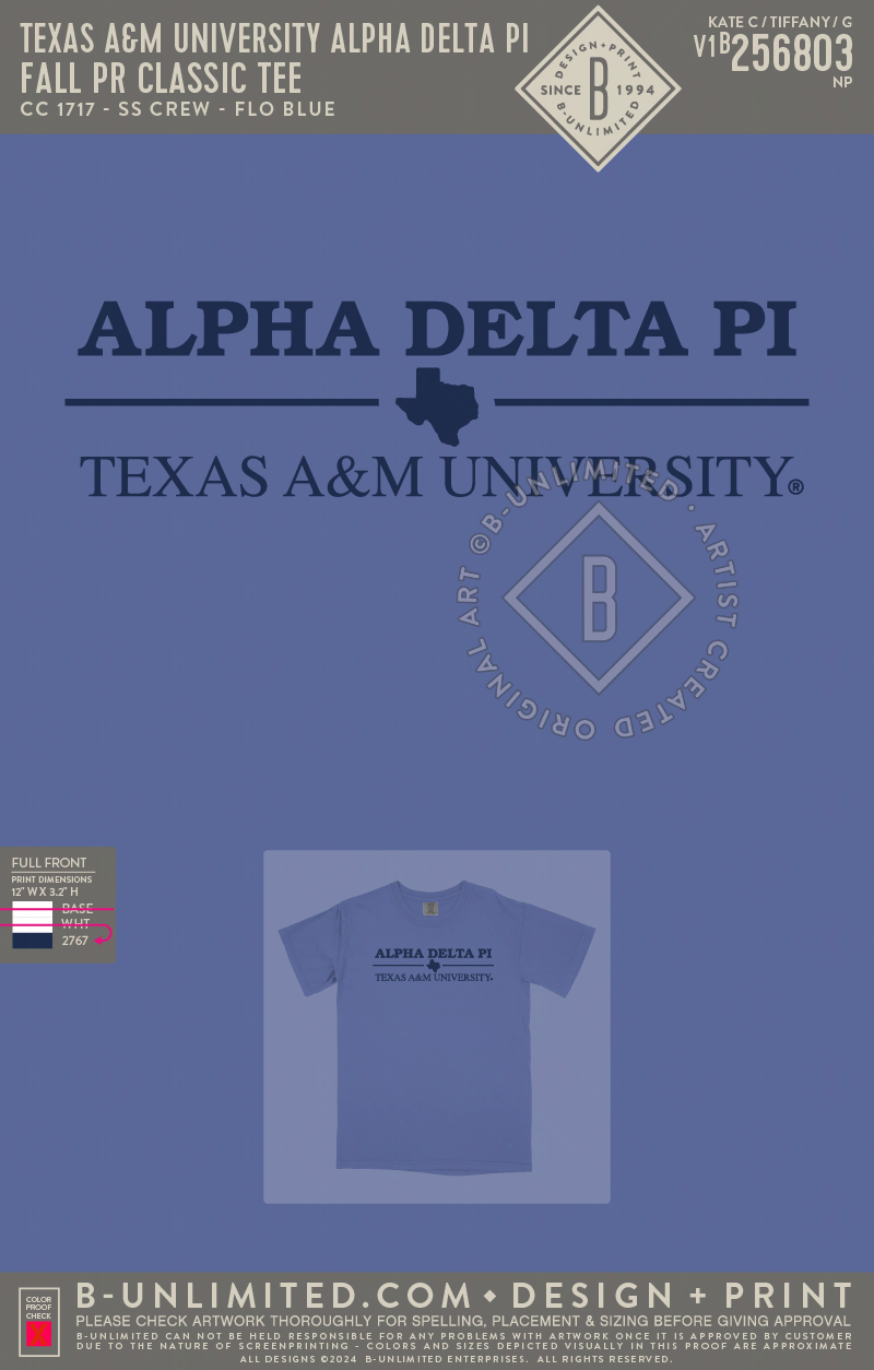 Texas A&M University Alpha Delta Pi - Fall PR Classic Tee - CC - 1717 - SS Crew - Flo Blue