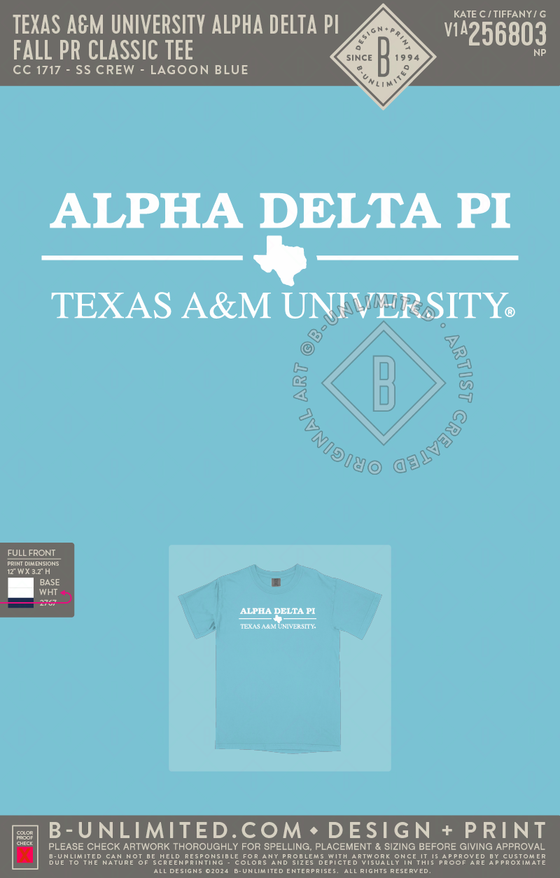 Texas A&M University Alpha Delta Pi - Fall PR Classic Tee - CC - 1717 - SS Crew - Lagoon Blue