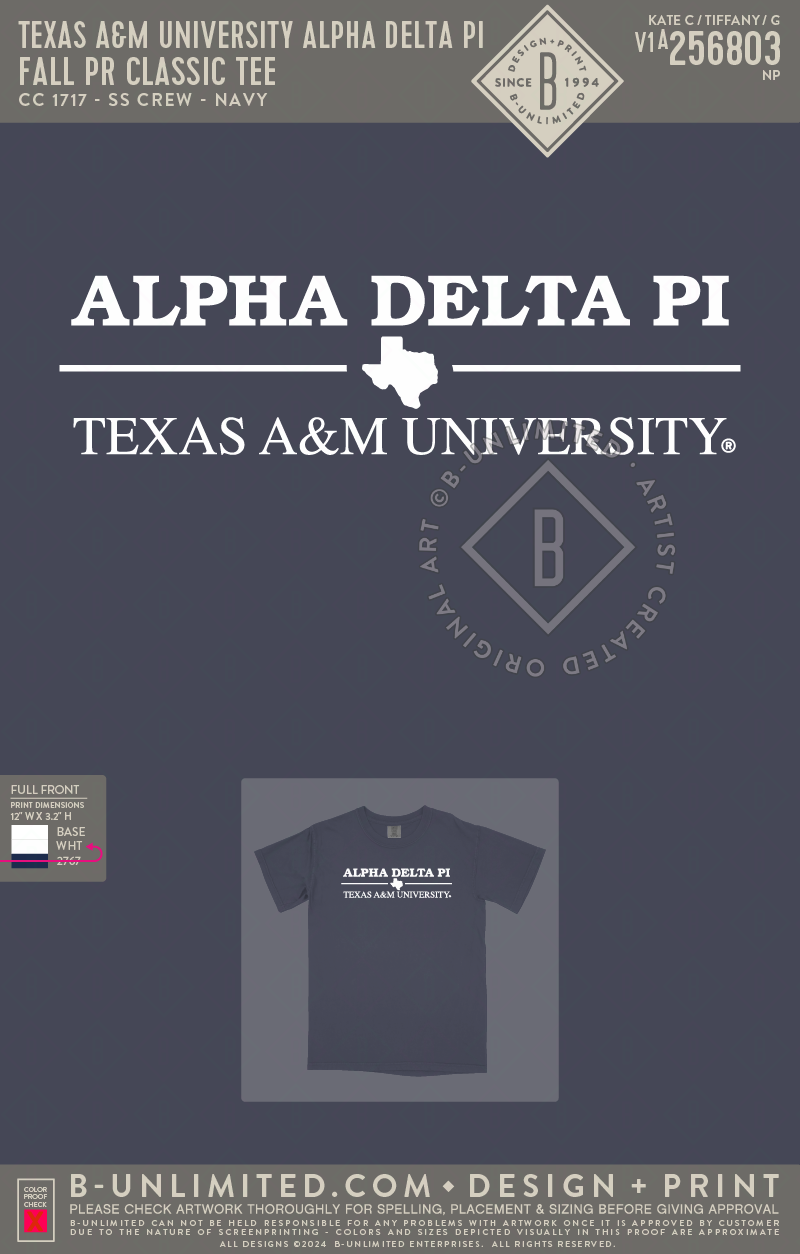 Texas A&M University Alpha Delta Pi - Fall PR Classic Tee - CC - 1717 - SS Crew - Navy