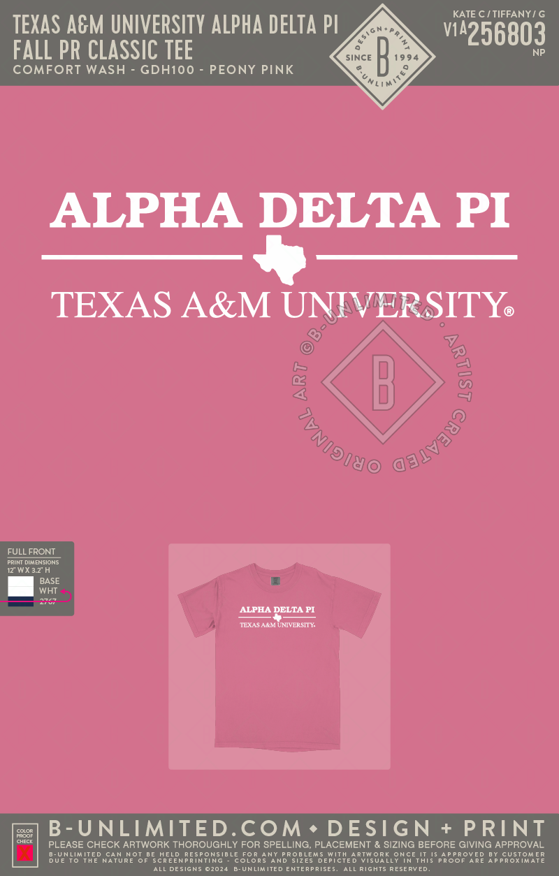 Texas A&M University Alpha Delta Pi - Fall PR Classic Tee - CW - GDH100 - SS Crew - Peony Pink