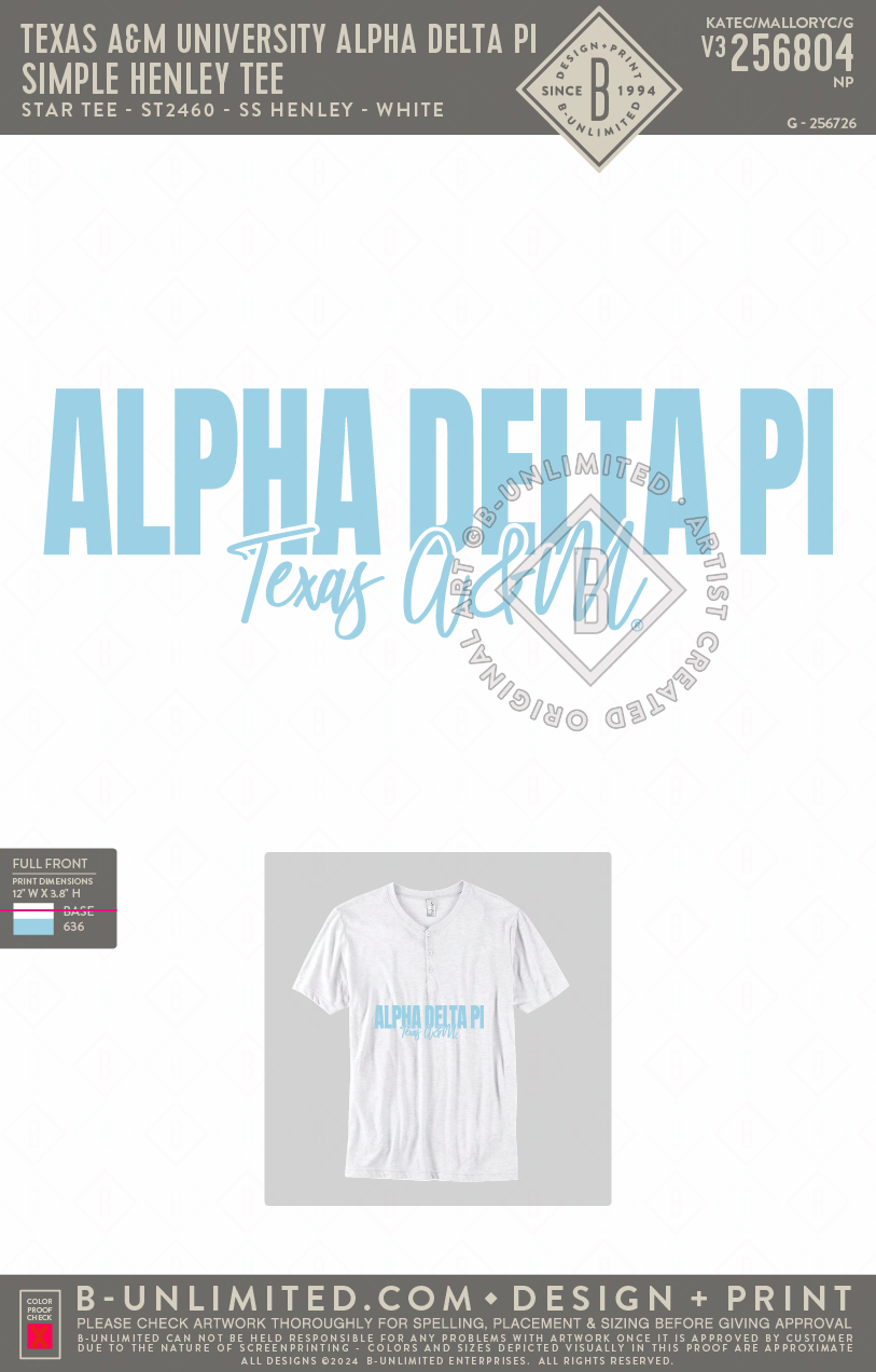 Texas A&M University Alpha Delta Pi - Simple Henley Tee - Star Tee - ST2460 - SS Henley - White