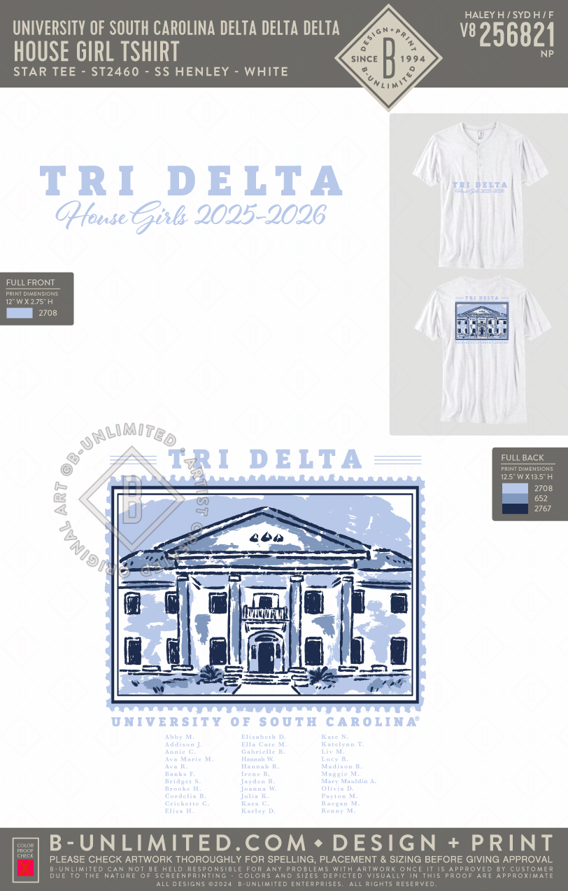 University of South Carolina Delta Delta Delta - House Girl Tshirt - Star Tee - ST2460 - SS Henley - White