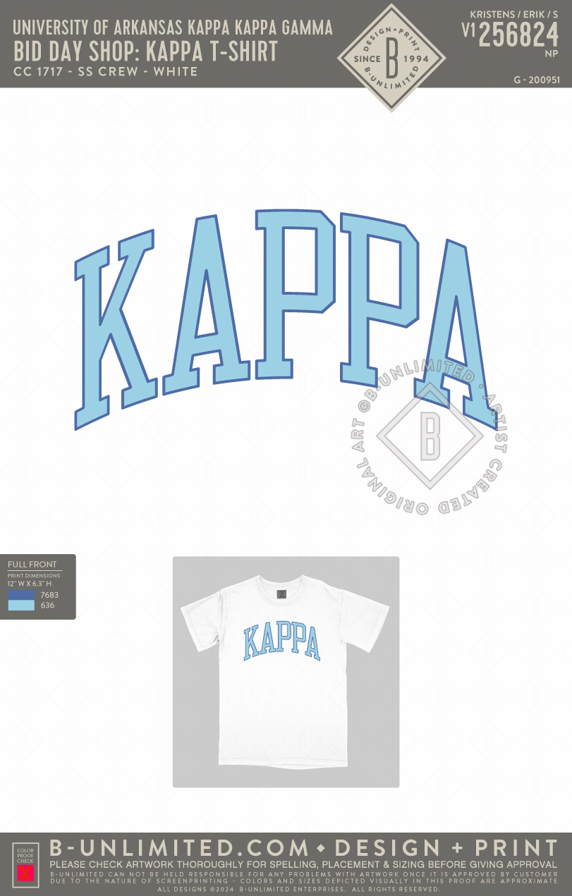 University of Arkansas Kappa Kappa Gamma - Bid Day Shop: Kappa T-Shirt - CC - 1717 - SS Crew - White